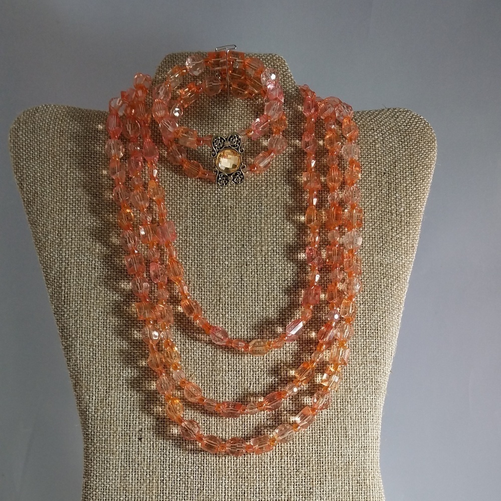 Hand Crafted Necklace & Bracelet Set Tangerine Crystal Wrap Coil 3 Strand